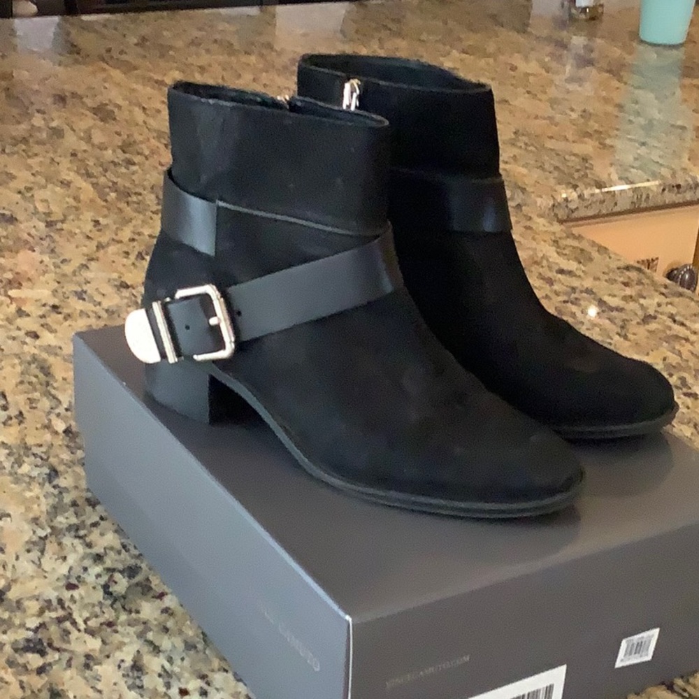 Vince Camuto Black Suede Romeo bootie with silver buckle and zipper. Size 9M
